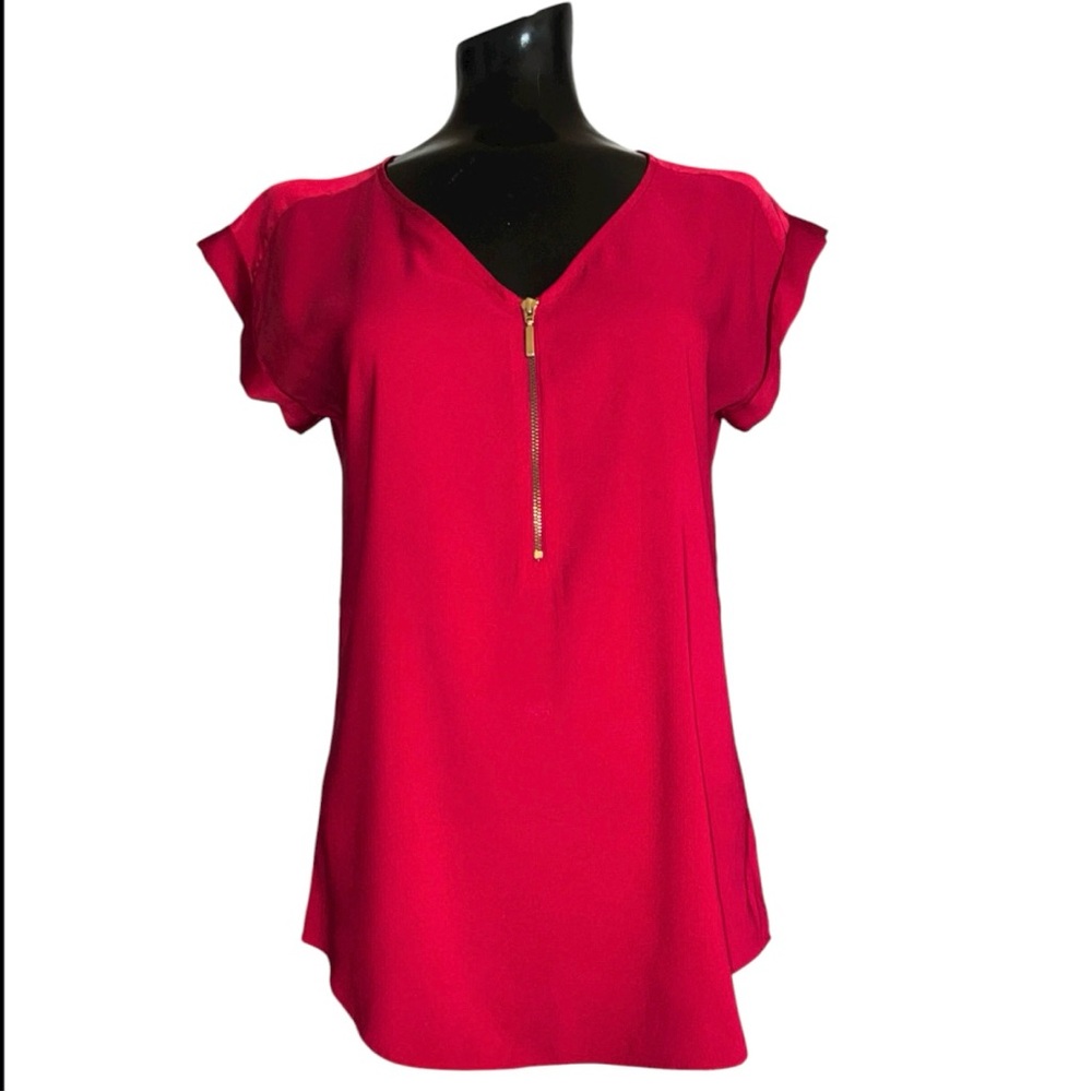 Express Vibrant Cranberry Red V-Neck with Gold Zipper Blouse Sz S - Picture 1 of 7